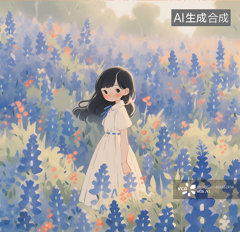 【AI数字艺术】一位黑色长发少女穿着白色长裙站在薰衣草花丛中插画图片素材