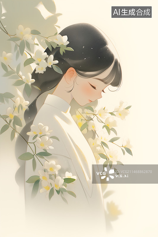 【AI数字艺术】一位黑色长发少女穿着白色长裙站在栀子花下插画图片素材