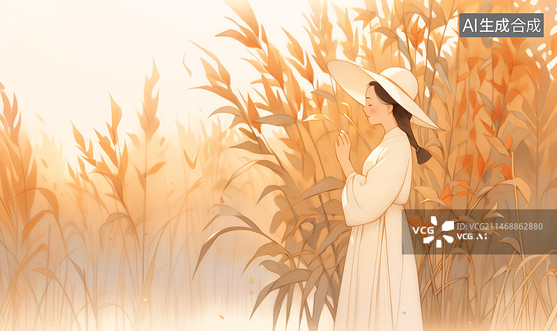 【AI数字艺术】一位文艺女青年戴着帽子穿着白色长裙站在芦苇丛中插画图片素材