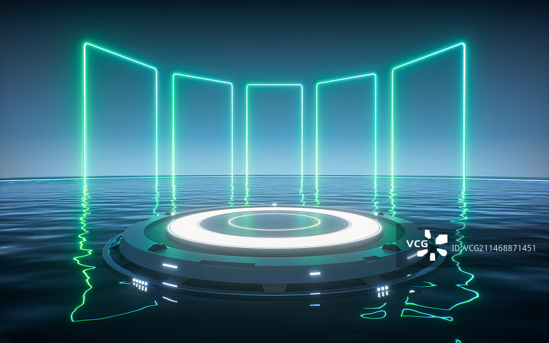 水面上的霓虹灯光线条3D渲染图片素材