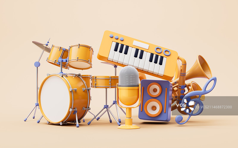 卡通风格演奏的乐器3D渲染图片素材
