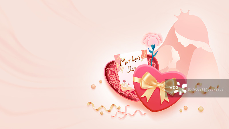爱的礼物节日插画-母亲节，爱心礼盒，留言卡片，康乃馨，母子。图片素材