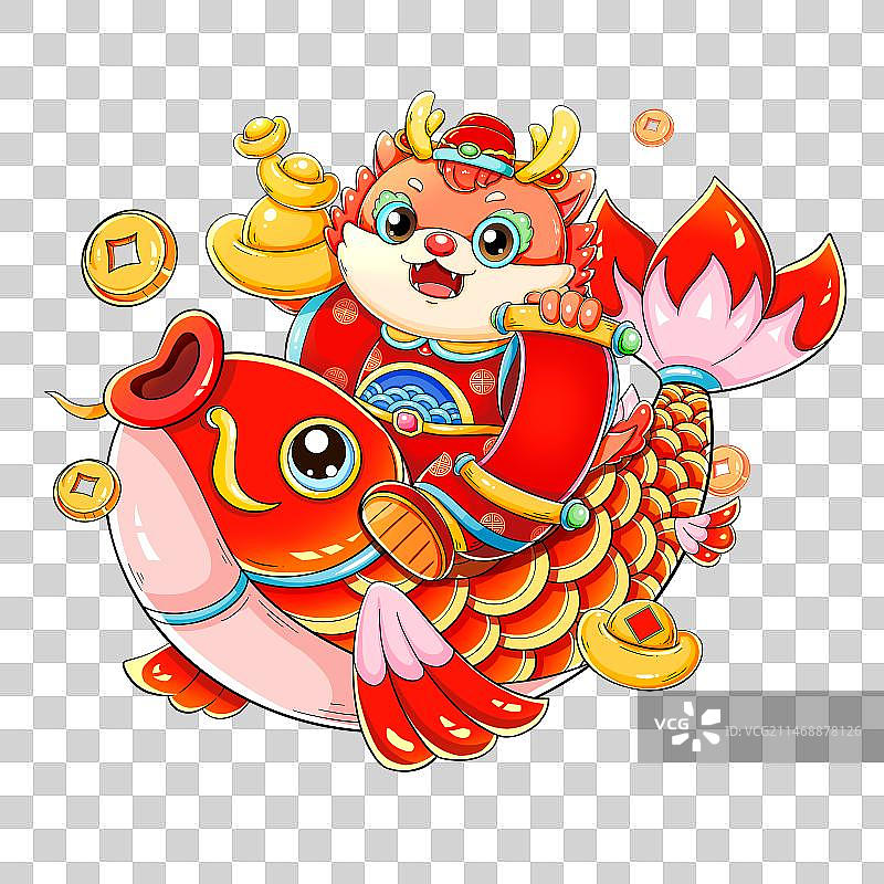 喜庆春节新年卡通锦鲤财神龙无浪浪花图片素材