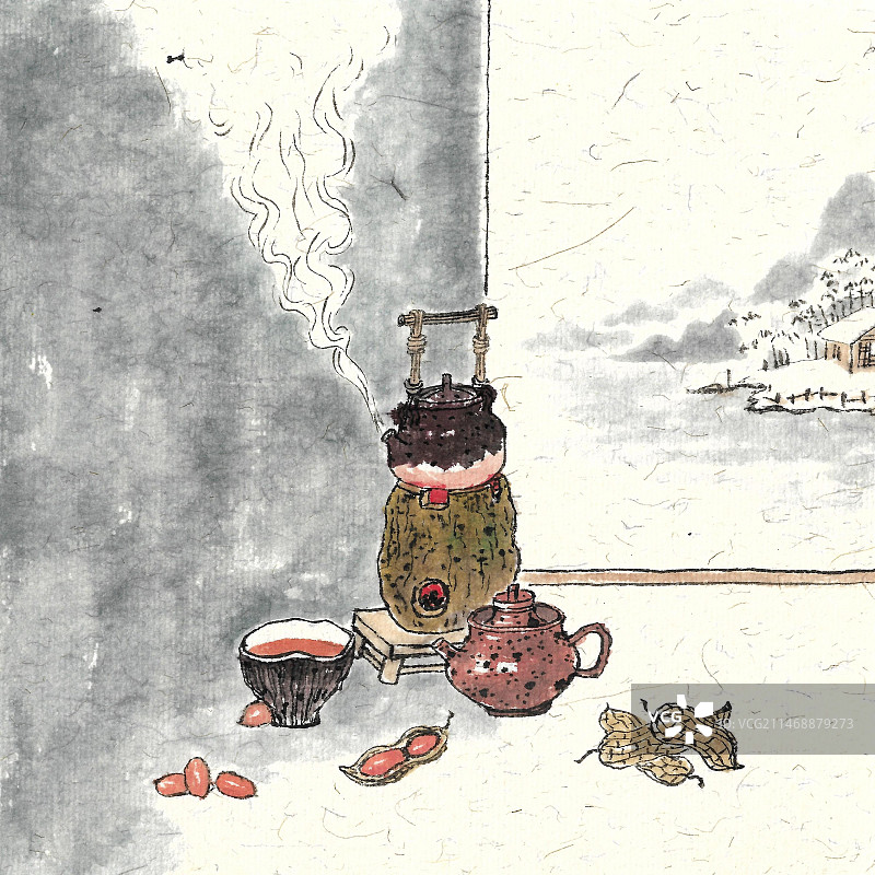 手绘中国风围炉煮茶插画二十四节气冬至图片素材