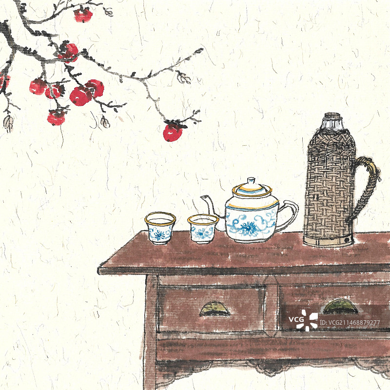 手绘中国风围炉煮茶插画二十四节气霜降图片素材