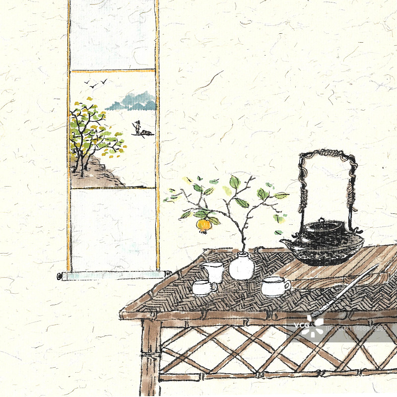手绘中国风围炉煮茶插画二十四节气立秋图片素材