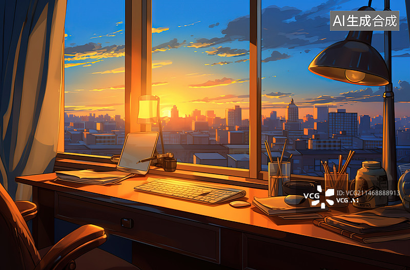 【AI数字艺术】日落时桌上的笔记本电脑和城市景观的特写镜头图片素材