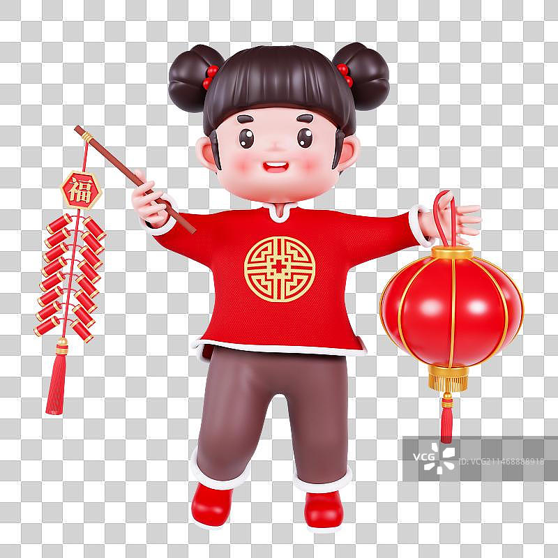 3D渲染的春节福娃小女孩中国娃娃过年喜庆元素图片素材