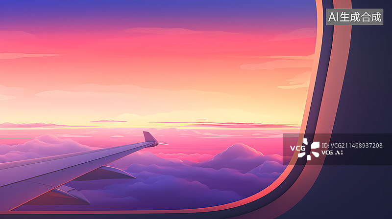 【AI数字艺术】夕阳下的飞机舷窗图片素材