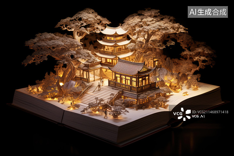【AI数字艺术】书上的中国江南园林图片素材