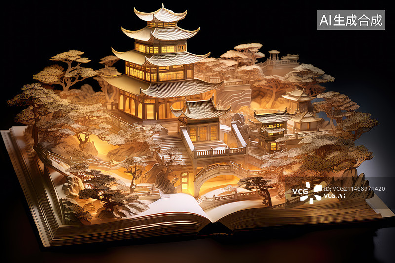 【AI数字艺术】书上的中国江南园林图片素材