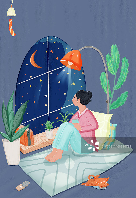手绘望着窗外星空的女孩杂志配图插画图片素材