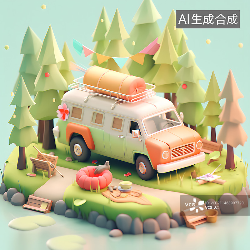 【AI数字艺术】3D卡通露营车图片素材