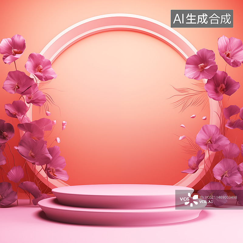 【AI数字艺术】3D蜜桃色加浅紫色插花电商方形背景图片素材