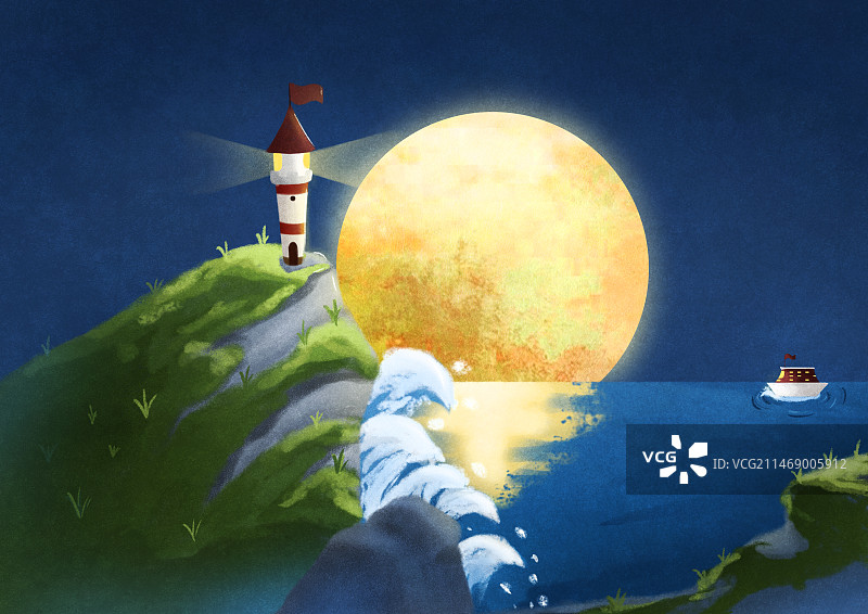 夜晚海边山石上的灯塔图片素材