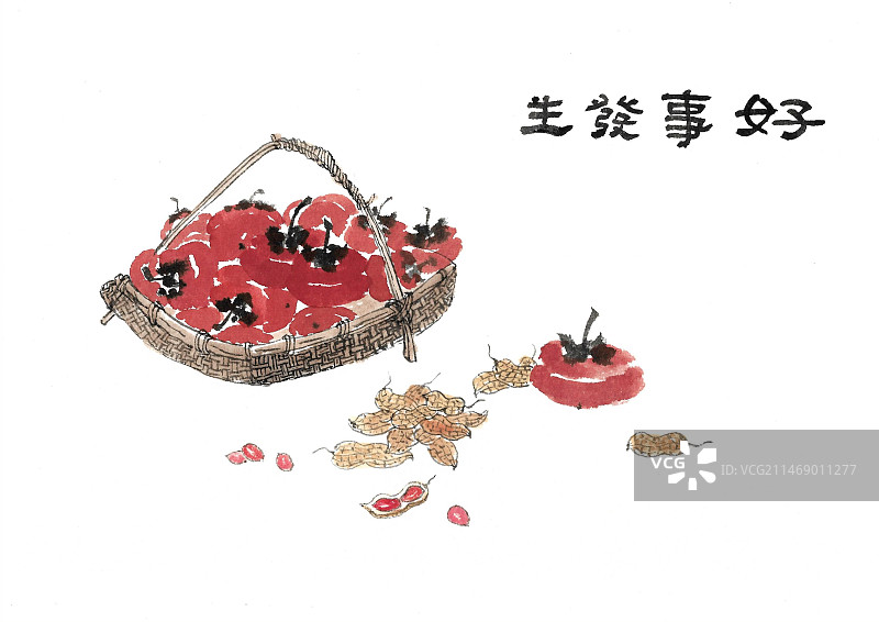 手绘水墨柿子插画图片素材