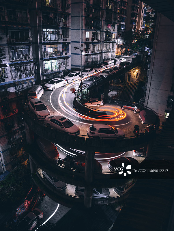 重庆街景 夜景 旋转停车场图片素材