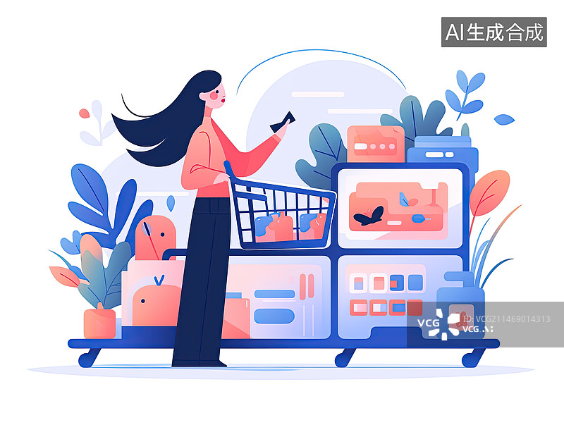 【AI数字艺术】商场超市购物女生支付购物车买东西扁平风格图形图片素材