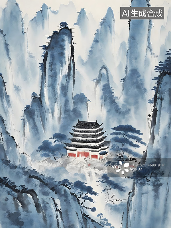 【AI数字艺术】青花瓷水墨色中国意境江山古寺唯美插画海报图片素材