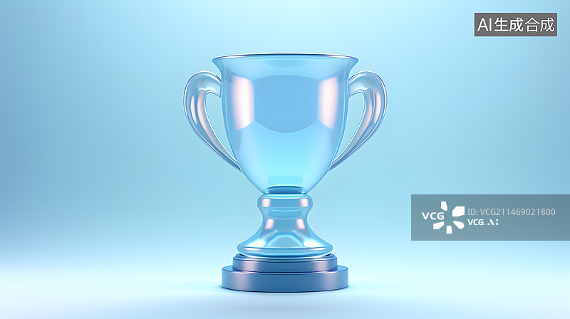 【AI数字艺术】蓝色背景下3D渲染的透明玻璃质感的水晶奖杯图片素材
