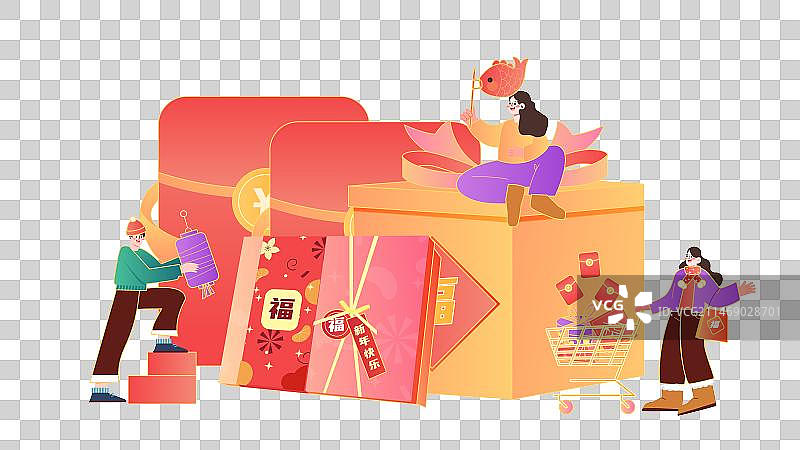 卡通购物节年终好价节春节置办年货年终大促电商插画免扣元素图片素材