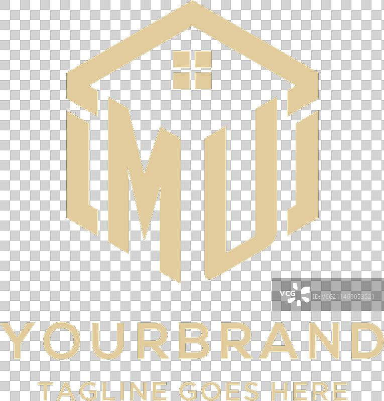 带有抽象房屋屋顶六边形的mu字母标志图片素材