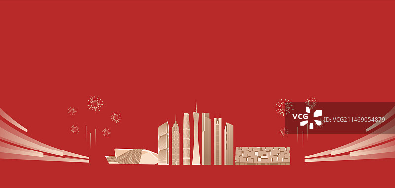 红金广州城市天际线矢量插画，节日节庆庆典年会年终总结峰会，新年小年元旦国庆中秋晚会企业宣传图片素材