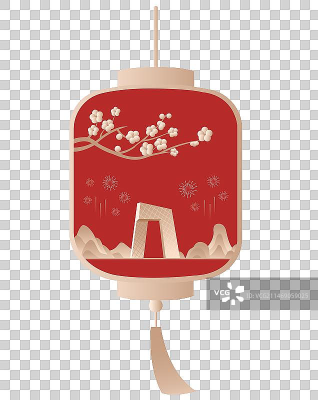红金北京中央电视台总部大楼元宵节插画元素，灯笼里的北京烟花梅花高端创意插画，猜灯谜灯会春节新年节日图片素材