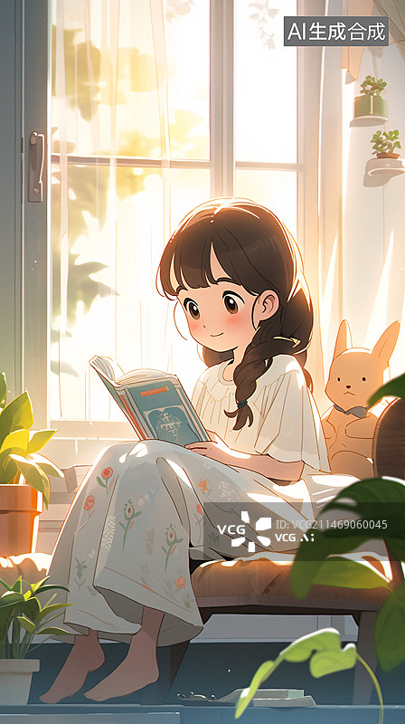 【AI数字艺术】女孩坐在沙发上阅读书本，世界读书日概念场景插画图片素材