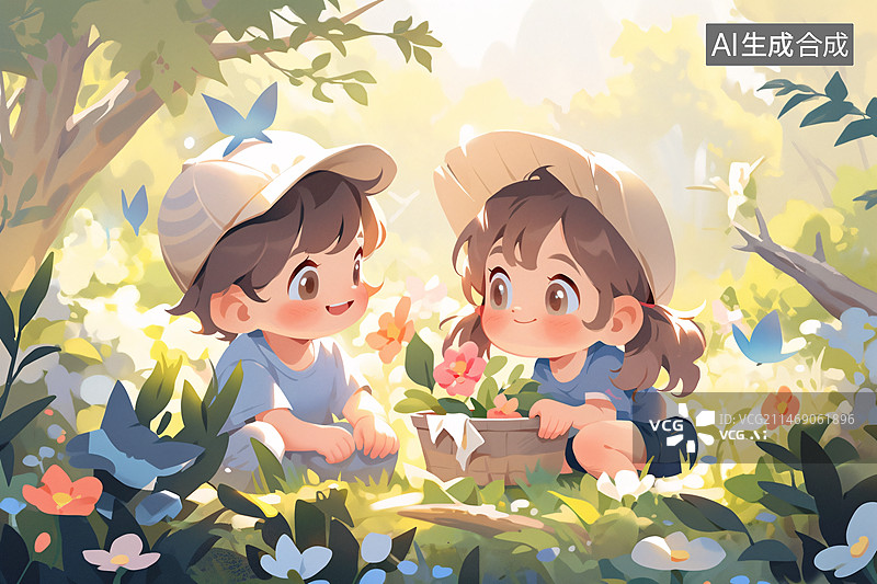 【AI数字艺术】两个小孩在春天的丛林中探险，立春节气概念场景插图图片素材