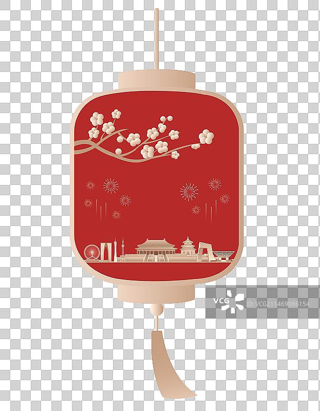 红金中国元宵节插画元素，灯笼里的中国烟花梅花高端创意插画，猜灯谜灯会春节新年节日中秋元旦小年企业图片素材