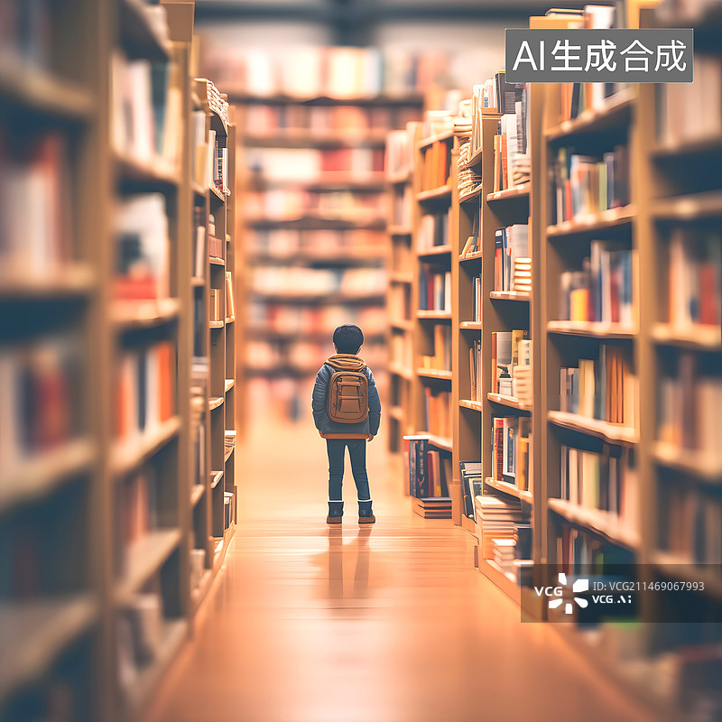 【AI数字艺术】微距摄影效果小孩背着书包走在书丛中图片素材