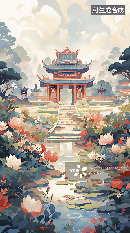 【AI数字艺术】中式园林风景插画图片素材