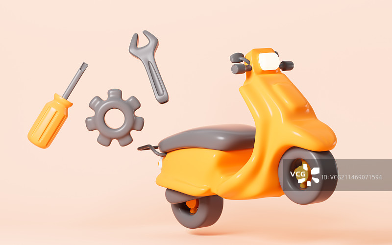 卡通电动车和修理工具3D渲染图片素材