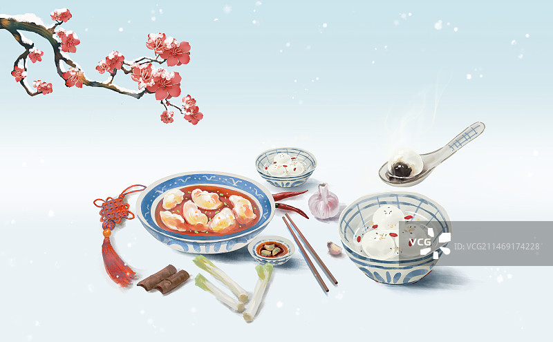 手绘冬天意境蓝色雪景山水背景 汤圆水饺冬至美食插画图片素材