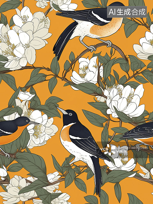 【AI数字艺术】莺在树枝上嬉戏无缝背景图图片素材