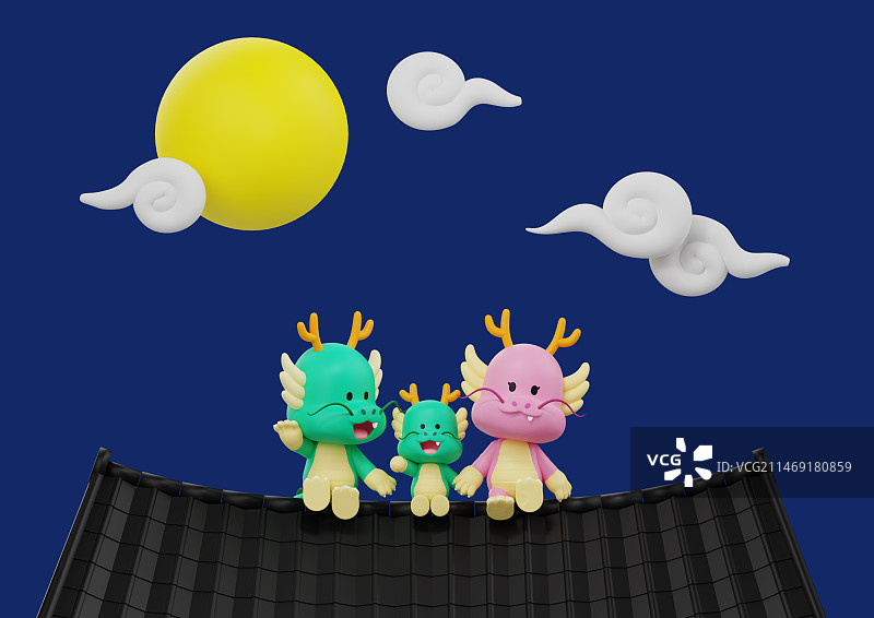 满月下的卡通龙一家坐在传统屋顶上图片素材