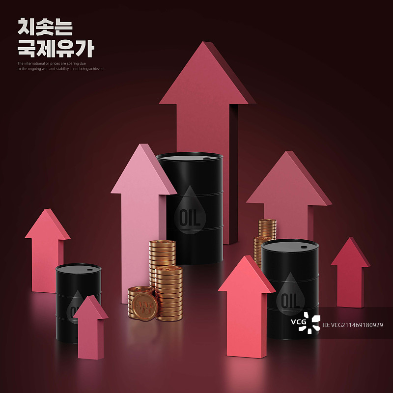 国际油价飙升，箭头和油桶硬币图片素材