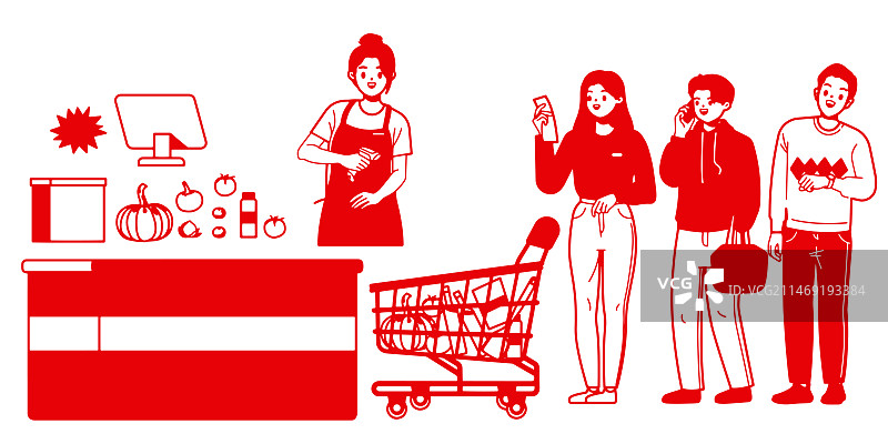 剪纸风格在超市购买商品排队结账的人群图片素材