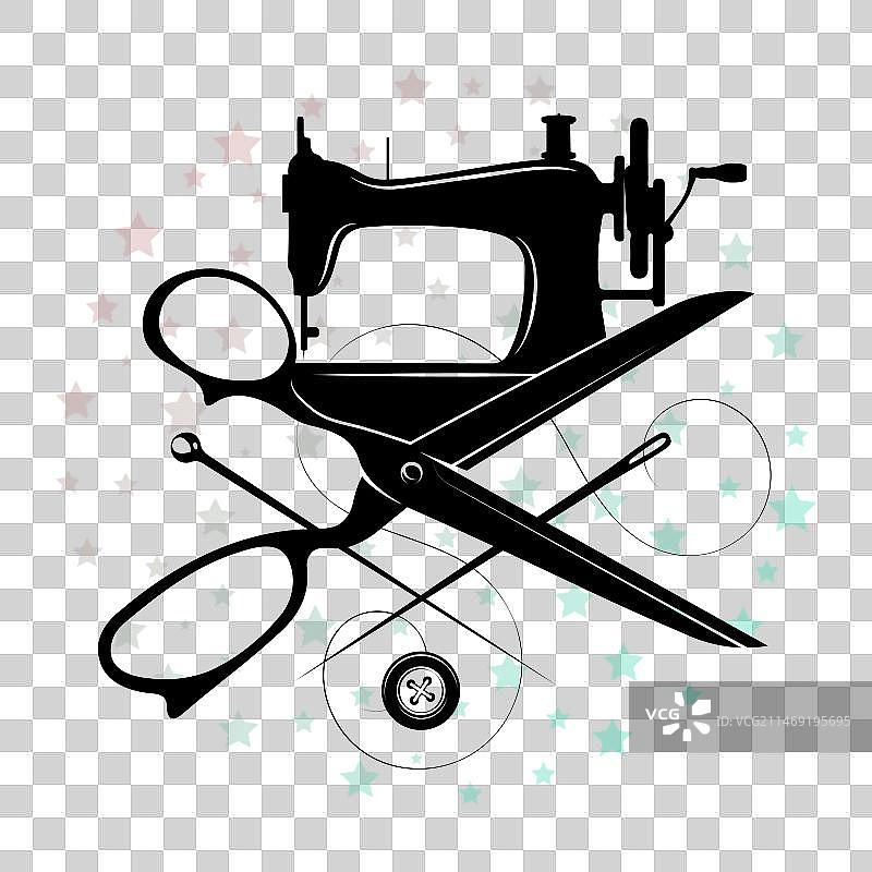 复古缝纫机剪刀和针图片素材