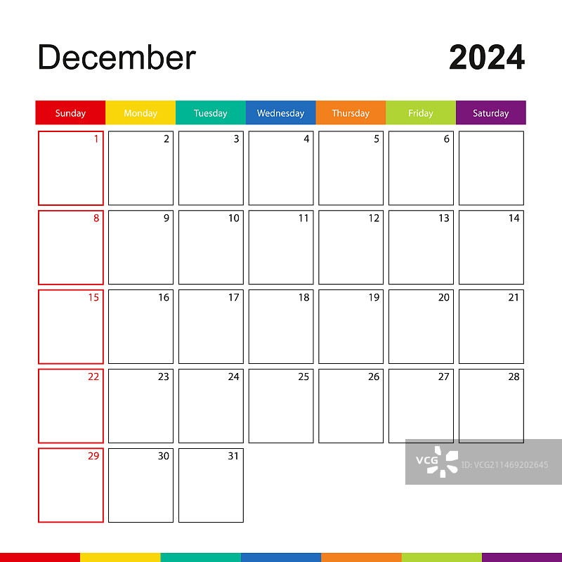 2024年12月彩色挂历，周开始图片素材