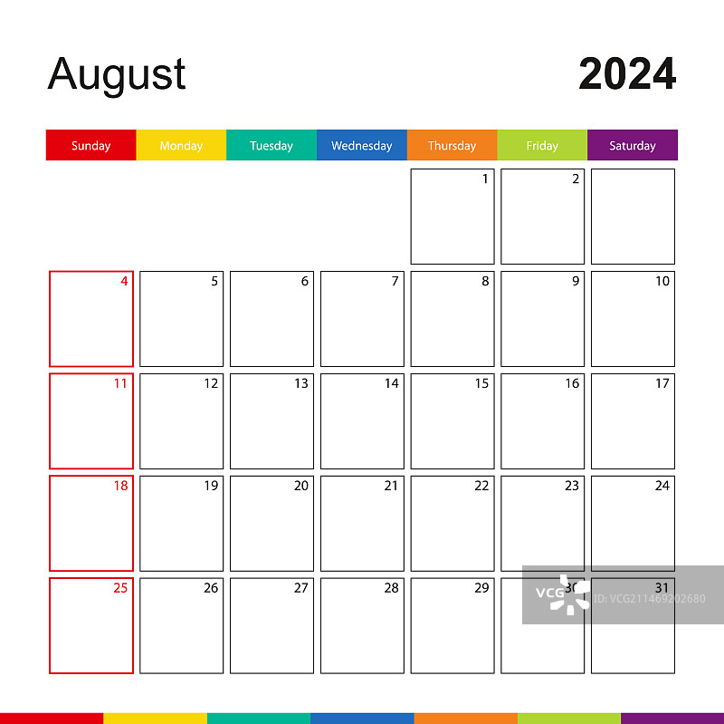 2024年8月彩色墙壁日历，每周开始图片素材