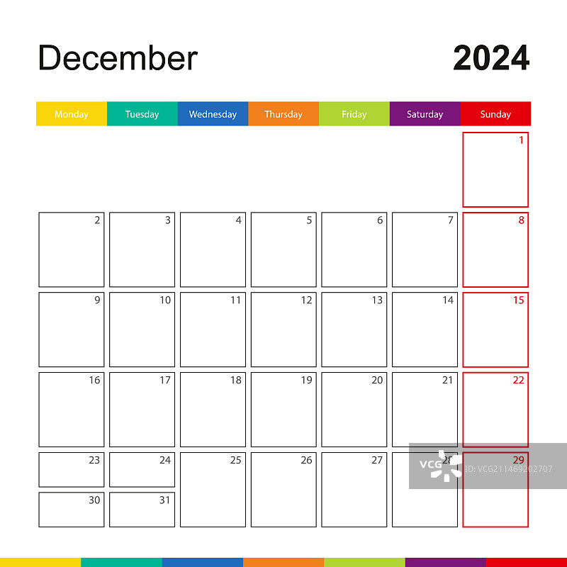 2024年12月彩色挂历，周开始图片素材
