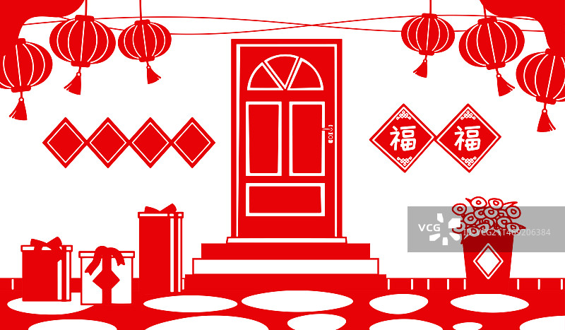 剪纸风格喜庆新年背景插画图片素材