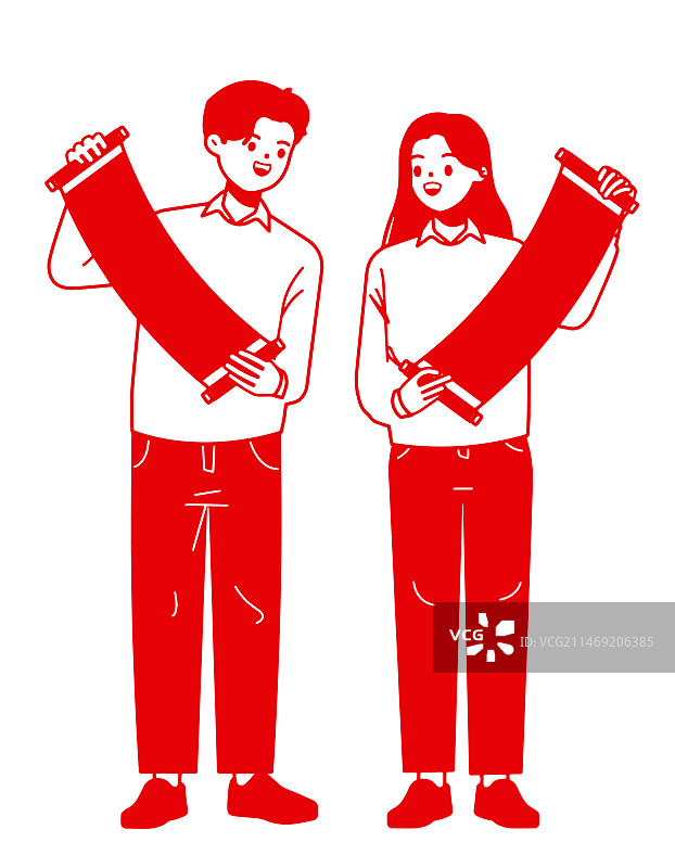 剪纸风格拿着对联的年轻情侣图片素材