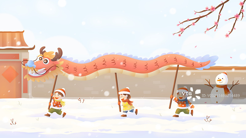 新年门前雪地里孩子们舞龙插画图片素材