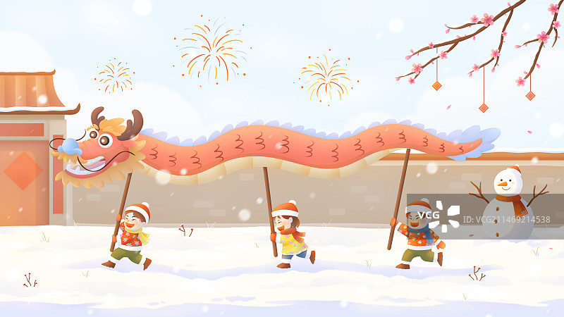 新年门前雪地里孩子们舞龙插画图片素材