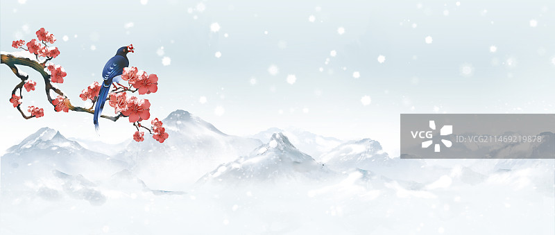 中国风冬天意境雪山山水画 冬天节气插画图片素材