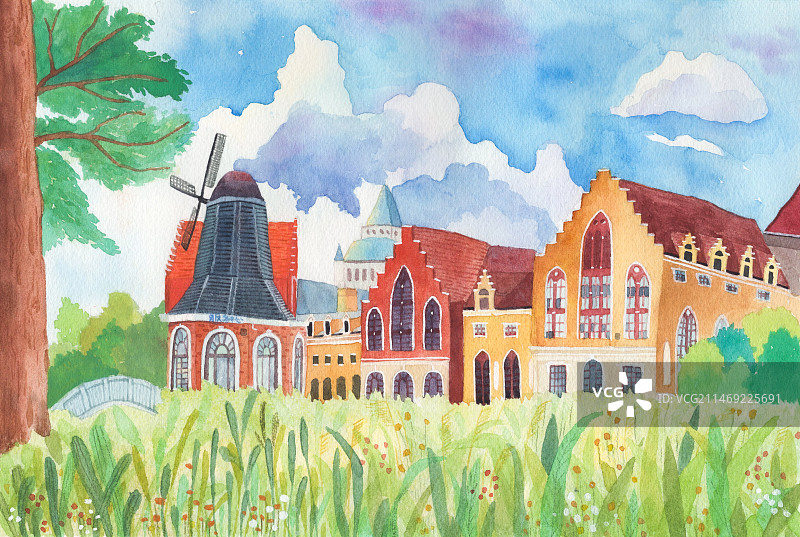 南宁中关村明月湖欧洲风情小镇建筑风景水彩手绘插画图片素材