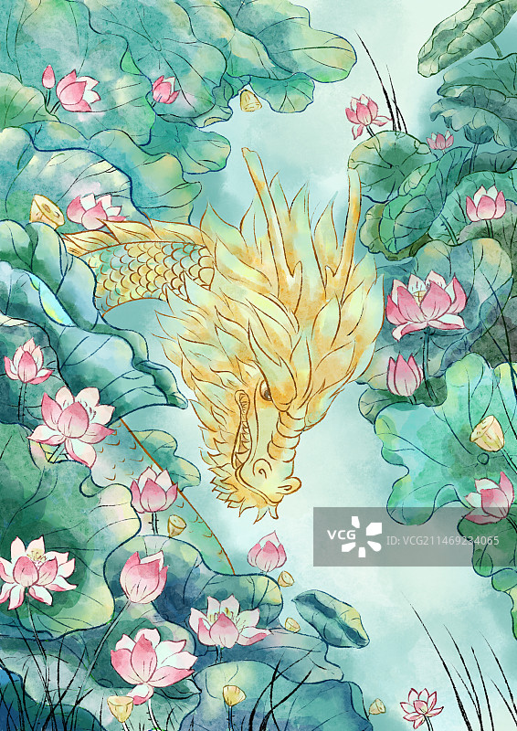 荷花与龙插画图片素材